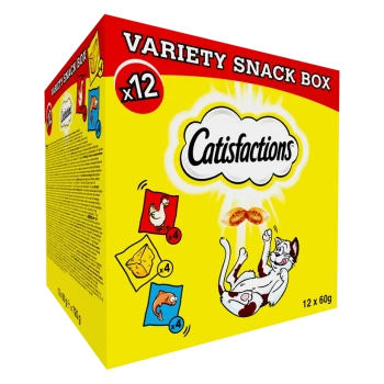 Boîte jaune étiquetée "Catisfactions Variety Snack Box" avec 12 paquets de friandises pour chats présentant un chat joueur et des images de poulet, fromage et poisson.