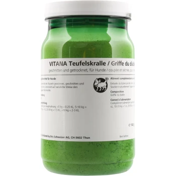 Grünes Glas VITANA Teufelskralle für Hunde, mit Nährwertangaben und Anwendungshinweisen in Deutsch und Französisch.