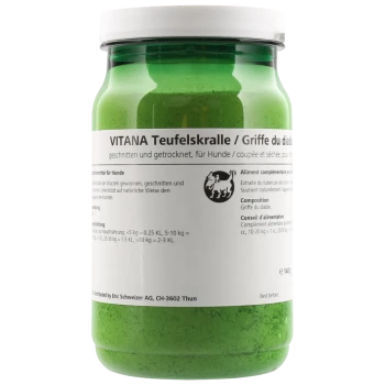 Grünes Glas VITANA Teufelskralle für Hunde, mit Nährwertangaben und Anwendungshinweisen in Deutsch und Französisch.