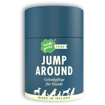 Care Jump Around Ein blauer zylindrischer Behälter mit der Aufschrift "JUMP AROUND" mit "Gelenkpflege für Hunde" und "MADE IN IRELAND", mit Silhouetten von Hunderassen.