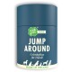 Ein blauer zylindrischer Behälter mit der Aufschrift "JUMP AROUND" mit "Gelenkpflege für Hunde" und "MADE IN IRELAND", mit Silhouetten von Hunderassen.