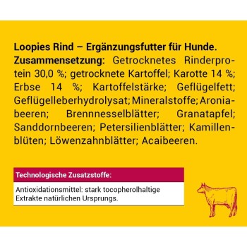 Nährwertinformationen auf gelb: "100 g = 299 kcal • 1 Stück = 7.8 kcal*; in die tägliche Ration einbeziehen." Kuhillustration unten rechts.