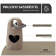Beige Spender für Hundekotbeutel mit herzförmiger Öffnung und Text: "INKLUSIVE GASSIBEUTEL," "JEDERZEIT GRIFFBEREIT," "DEKORATIVE HÜLLE."