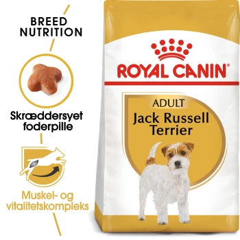 Sac de nourriture pour chiens Royal Canin pour Jack Russell Terriers adultes, présentant une image de chien, des détails sur la nutrition de la race et une forme de croquette adaptée.