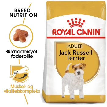 Royal Canin hondenvoer zak voor volwassen Jack Russell Terriers, met een hondenafbeelding, voedingsdetails voor het ras en een op maat gemaakte brokvorm.