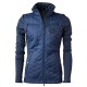 Navyblaue gesteppte Jacke mit hohem Kragen, mit Reißverschlusstaschen und einem runden Logo auf der Brust.