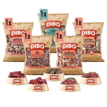 Bild von DIBO-Hundefutterbeuteln mit den Aufschriften Rindfleisch, Kopffleisch, Pansen, Spezial und V-Mix, mit vier Schalen Fleisch davor.