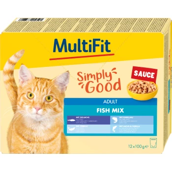 Katzenfutterverpackung mit einem Nahaufnahme eines orangefarbenen Tabbykatze, beschriftet mit "MultiFit Simply Good Sauce Adult Fish Mix", mit Details zu den Zutaten.