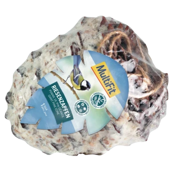 Fat-coated giant pinecone bird feeder with hanging twine and MultiFit label reading "Riesenzapfen"