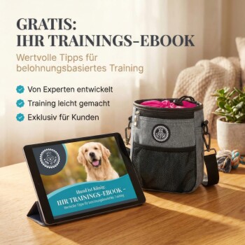 Hund mit goldener Krone und Pelzmantel mit deutschem Text, der Premiumqualität, Unterstützung und Geld-zurück-Garantie bewirbt.