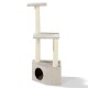 Ein beiger Katzenbaum mit zwei Plattformen und einem gemütlichen Versteck unten, mit sisalumwickelten Kratzpfosten.