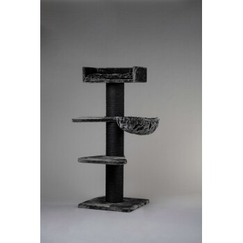 Ein hoher, schwarzer Katzenbaum mit mehreren Ebenen, der eine gemütliche Hängematte und plüschige Plattformen zum Klettern und Ausruhen bietet.