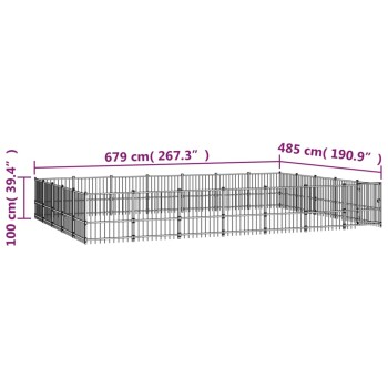 Illustration eines Haustier-Spielplatzes mit beschrifteten Abmessungen: 679 cm (267,3") breit, 485 cm (190,9") lang und 100 cm (39,4") hoch.