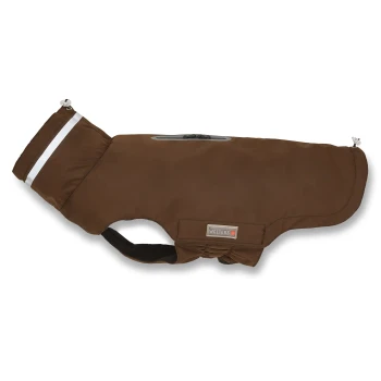 Brauner Wolters Hundemantel mit reflektierendem Streifen und Reißverschlusstasche, für Wärme und Sichtbarkeit konzipiert.
