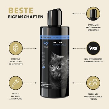 Schwarze Shampoo-Flasche mit der Aufschrift "PETCARE PETCAT HEALTH 3104" mit dem Gesicht einer Katze, mit Text über effektive Inhaltsstoffe und Vorteile.