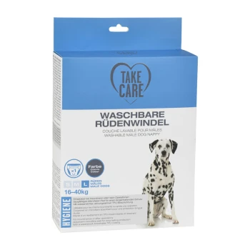 Verpackung für eine waschbare Hundewindel für Rüden, mit einer Dalmatiner-Hundillustration, mit Text in Deutsch und Französisch.