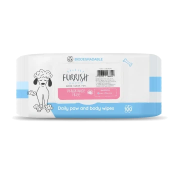 Furrish biodegradable Fragrance Free daily paw and body wipes, 100 count, white-blue pack with poodle illustration