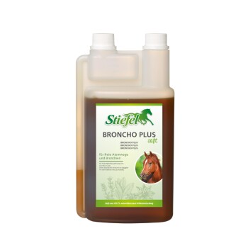 Flasche Stiefel Broncho Plus, ein pflanzliches Ergänzungsmittel für Pferde, mit einem Pferdebild und Text über die Atemwegsgesundheit.