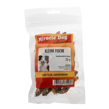 Miracle Dog Snacks Kleine Fische 70g natürliche Fisch-Hundeleckerlis mit Hundeabbildung auf der Verpackung.