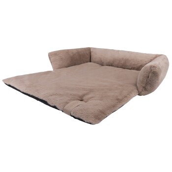 Ein plüschiges, beiges Haustierbett mit erhöhten Seiten für Komfort, mit einer weichen, pelzigen Textur und einer schwarzen Unterseite.