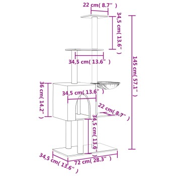 Illustration der Abmessungen eines Katzenbaums mit beschrifteten Maßen: Höhe 145 cm (57,1 Zoll), Basis 72 cm (28,3 Zoll), verschiedene Plattformen und eine Schüssel.