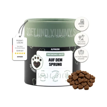 Zylindrischer Hundeleckerli-Behälter mit der Aufschrift "Auf dem Sprung" von AlphaZoo, mit herzförmigen Snacks und Etiketten für Weichheit und Lieblinge der Haustiere.