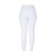 Weiße Reitleggings mit hohem Bund und subtiler Markenkennzeichnung auf der Rückseite, die ein schlankes und passgenaues Design zeigen.