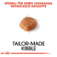 Bild eines Kibble-Stücks mit dem Text "MADE-TO-MEASURE KIBBLE" und "SPEZIELL FÜR IHREN CHIHUAHUA ENTWICKELTE KROKETTE" darüber.