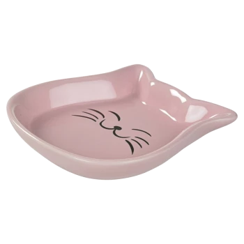 Pink ceramic cat-shaped pet bowl with a smiling cat face design.
