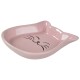 Pink ceramic cat-shaped pet bowl with a smiling cat face design.