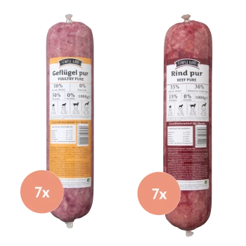 Zwei Haustierfutterrollen mit der Aufschrift "Geflügel pur" und "Rind pur" nebeneinander, jeweils 1000g, mit Nährwertangaben.