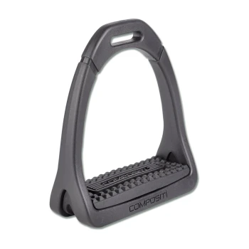 Schwarzer Verbundsteigbügel mit einer strukturierten Fußfläche, mit dem Markennamen "COMPOSITI" auf der Seite geprägt.