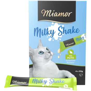 Emballage de friandise pour chat Miamor Milky Shake mettant en vedette un chat blanc aux yeux bleus, soulignant 'mit PUTE' et 'Zuckerfreie Rezeptur.'