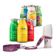 Bunte "SmoothieDog" Snackflaschen in verschiedenen Geschmacksrichtungen, eine lila Hundeleine und ein kleiner Behälter.