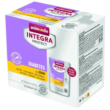 Integra Protect Adult Diabète Poulet 8x85 g Emballage pour Animonda Integra Protect, un régime vétérinaire pour animaux de compagnie diabétiques, avec une saveur de poulet, 8 sachets de 85 g, avec des allégations nutritionnelles.