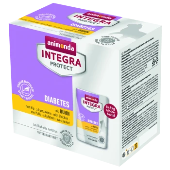 Verpackung für Animonda Integra Protect, eine veterinärmedizinische Diät für diabetische Haustiere, mit Hühnergeschmack, 8 x 85 g Beuteln, mit ernährungsphysiologischen Angaben.