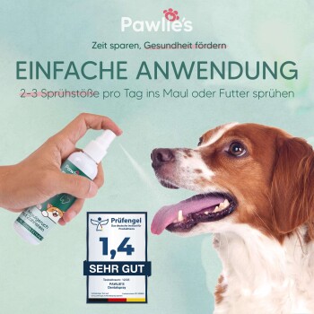 Pawlie's Zahnspray wird im Maul eines Hundes angewendet, mit Text, der die einfache Anwendung und eine Bewertung von 1.4 "SEHR GUT" hervorhebt.