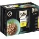 Sheba Delikatesse Katzenfutterpackung mit 12 x 85g Portionen in Gelee, mit einem Bild einer grauen Katze und einer Schüssel mit zerrissenem Fleisch.