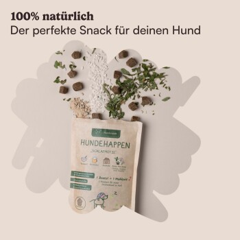 100% natürlich, der perfekte Snack für deinen Hund. Verpackung mit der Aufschrift "HundeHappen Schlafmotze" und Zutaten wie Reis, Beeren, Kräutern.