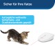 Ein verspieltes Kätzchen greift nach einem roten Laserpunkt neben einem weißen Spielzeug. Text: "Sicher für Ihre Katze" und "Geprüft nach Sicherheitsstandards."