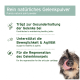 Glücklicher Hund mit herausgestreckter Zunge, der ein Gelenkpulver bewirbt. Der Text listet Vorteile auf: unterstützt die Gelenkgesundheit, Mobilität und Knorpel.
