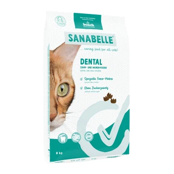 Hundefutterverpackung mit einer Nahaufnahme des Gesichts einer Katze, beschriftet mit 'SANABELLE DENTAL' mit Text zur Zahn- und Mundhygiene, 8 kg.