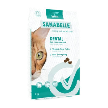 Hundefutterverpackung mit einer Nahaufnahme des Gesichts einer Katze, beschriftet mit 'SANABELLE DENTAL' mit Text zur Zahn- und Mundhygiene, 8 kg.
