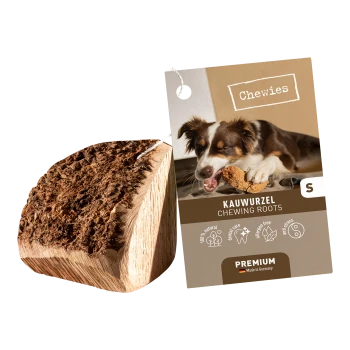 Kauwurzel für Hunde, beschriftet mit "Kauwurzel," mit einem kleinen Stück natürlichem Holz und einem Hund, der darauf kaut; 100% natürlich, allergenfrei.