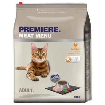 Cat food bag labeled "Premiere Meat Menu" with a Bengal cat image, featuring "50% Poultry" and "10kg" weight.