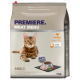Katzenfuttertüte mit der Aufschrift 'Premiere Meat Menu' und einem Bild einer Bengal-Katze, mit '50% Geflügel' und '10kg' Gewicht.