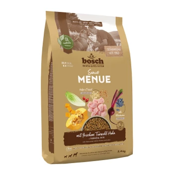 Bosch Senior Menue Hundefuttertüte, 2,4 kg, mit frischem Tierwohl-Hühnchen und Truthahn, mit Zutaten wie Hafer, Dinkel und Heidelbeeren.