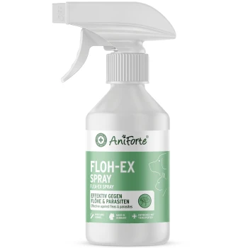 AniForte Floh-Ex Sprayflasche mit einem grünen Etikett, das "FLOH-EX SPRAY" und "Effektiv gegen Flöhe & Parasiten" angibt.