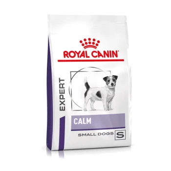 Royal Canin Expert Calm Hundefutter für kleine Hunde, mit einer schwarz-weißen Hundillustration, mit "CALM" deutlich angezeigt.