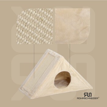 Ein dreieckiges Haustierhaus mit einem weichen, plüschigen Äußeren und einer Kratzfläche auf einer Seite, mit einem runden Eingang.